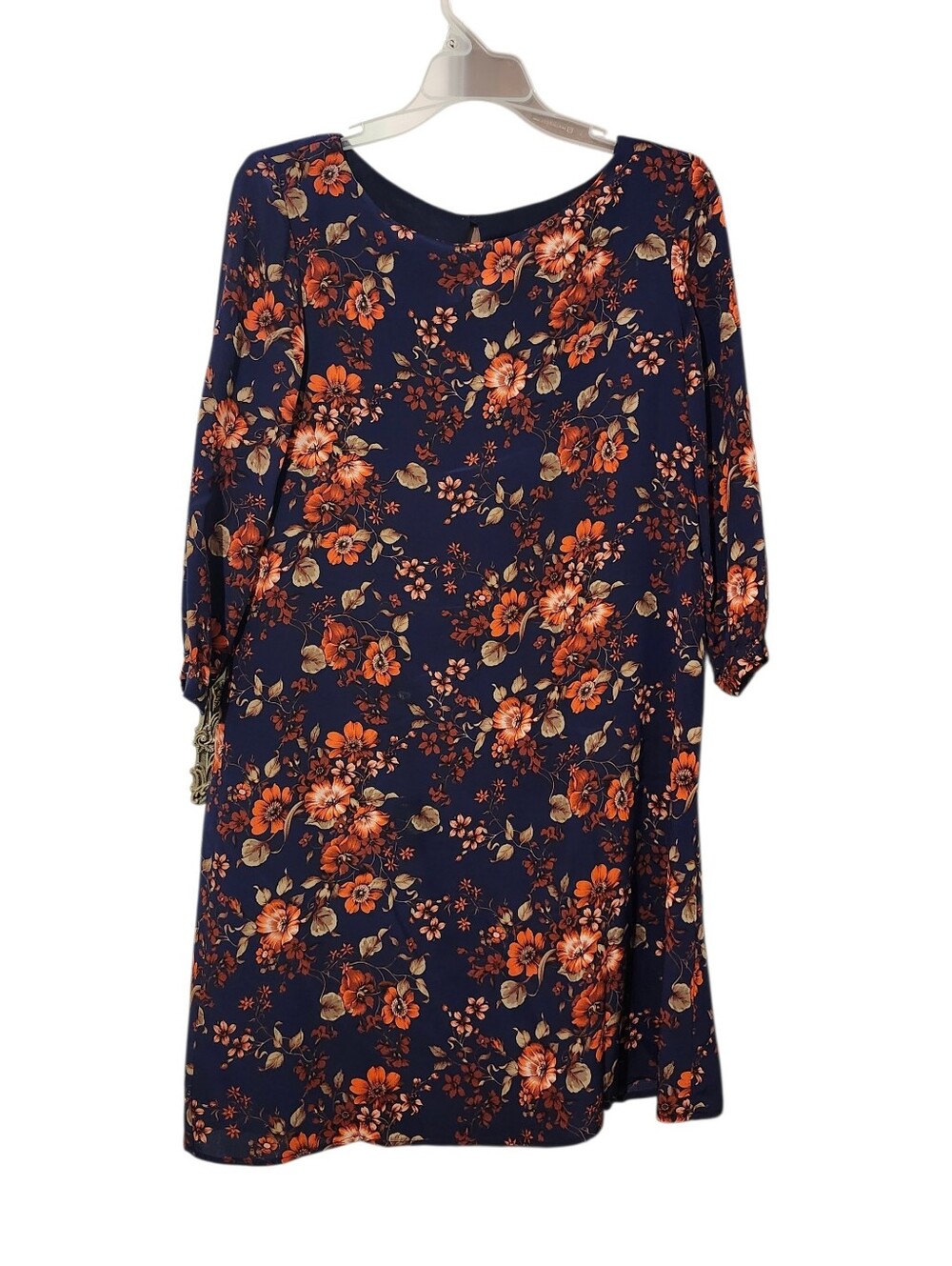 Amour Vert Floral Navy and Orange Silk Shift Dress - S Casual Spring Office